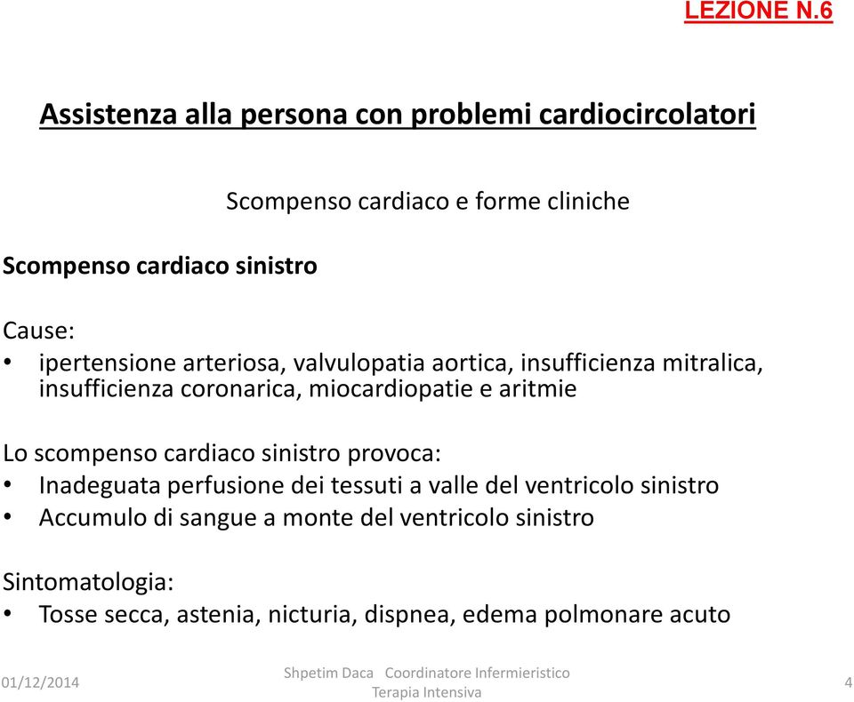 sinistro provoca: Inadeguata perfusione dei tessuti a valle del ventricolo sinistro Accumulo di sangue a monte