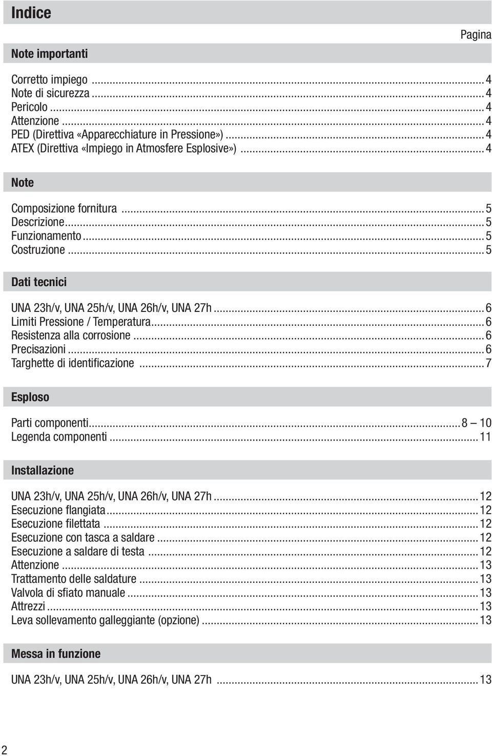..6 Resistenza alla corrosione...6 Precisazioni...6 Targhette di identificazione...7 Esploso Parti componenti...8 10 Legenda componenti...11 Installazione UNA 23h/v, UNA 25h/v, UNA 26h/v, UNA 27h.