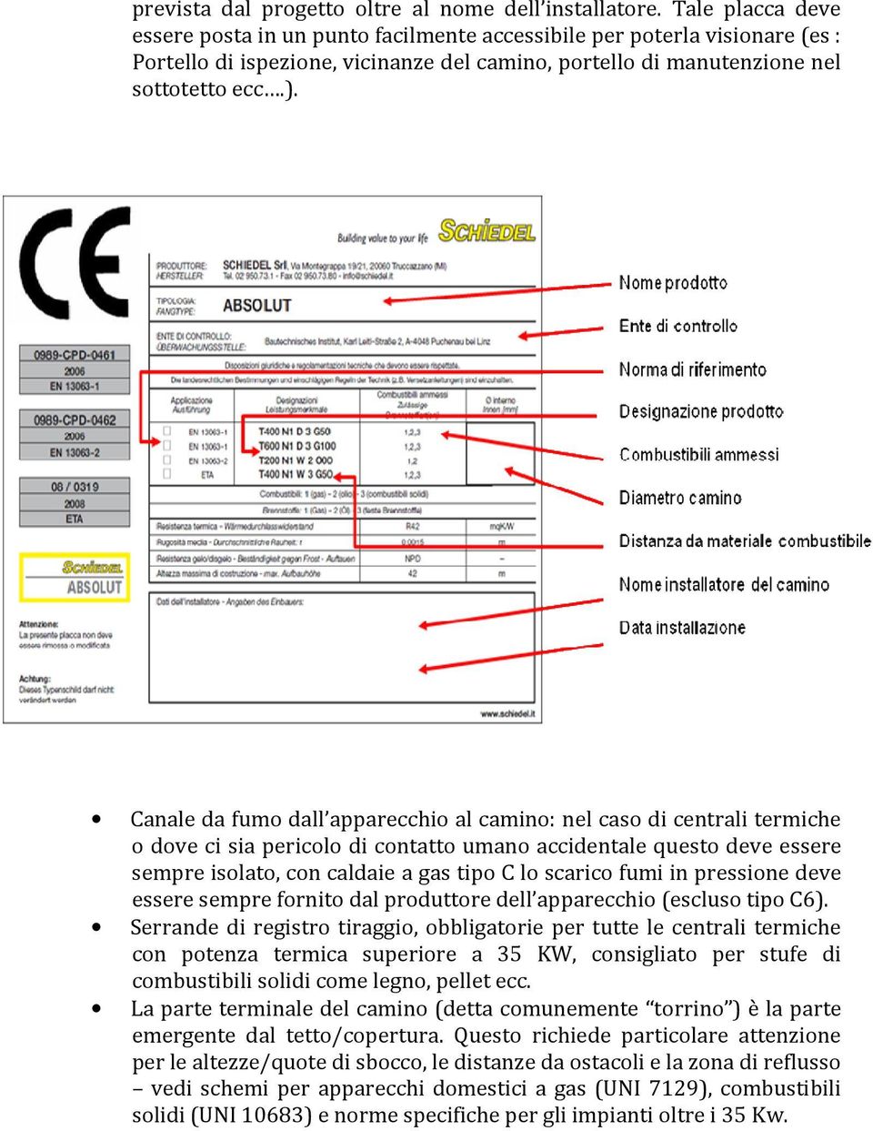 Canale da fumo dall apparecchio al camino: nel caso di centrali termiche o dove ci sia pericolo di contatto umano accidentale questo deve essere sempre isolato, con caldaie a gas tipo C lo scarico