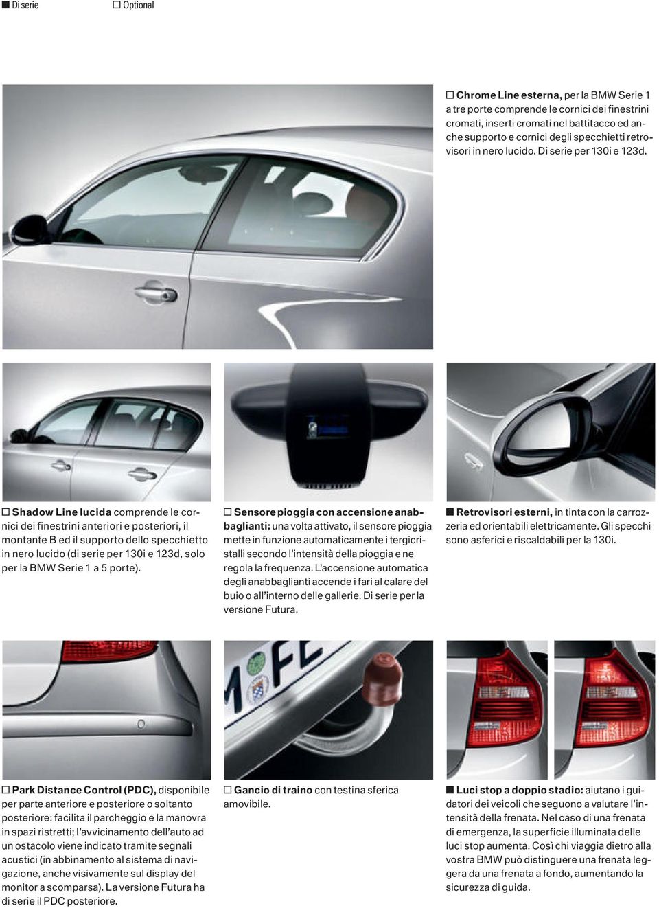 o Shadow Line lucida comprende le cornici dei finestrini anteriori e posteriori, il montante B ed il supporto dello specchietto in nero lucido (di serie per 130i e 123d, solo per la BMW Serie 1 a 5