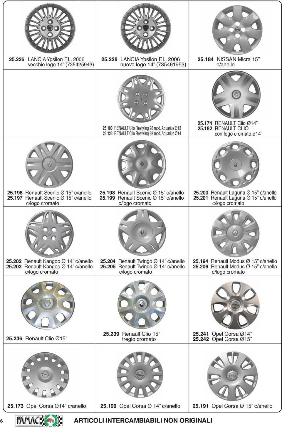 197 Renault Scenic Ø 15 c/anello c/logo cromato 25.198 Renault Scenic Ø 15 c/anello 25.199 Renault Scenic Ø 15 c/anello c/logo cromato 25.200 Renault Laguna Ø 15 c/anello 25.