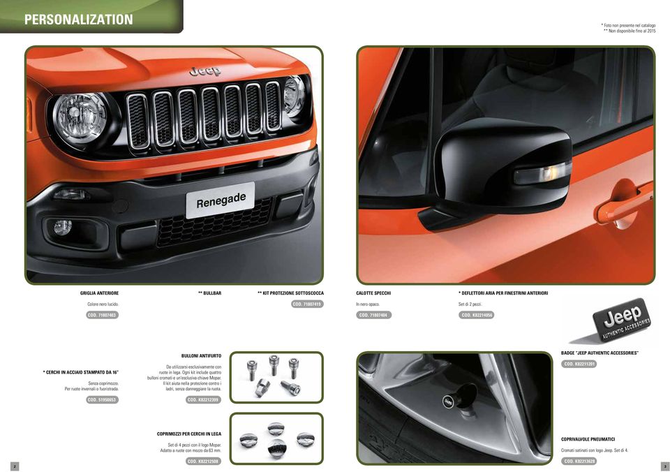 Ogni kit include quattro bulloni cromati e un esclusiva chiave Mopar. Il kit aiuta nella protezione contro i ladri, senza danneggiare la ruota. COD. K82212399 BADGE JEEP AUTHENTIC ACCESSORIES COD.