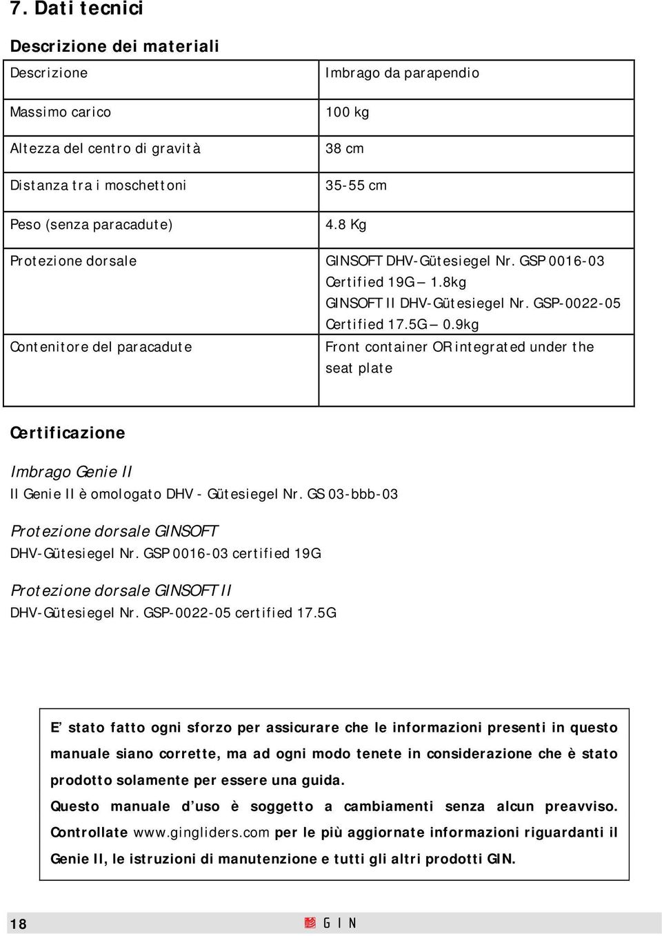 9kg Contenitore del paracadute Front container OR integrated under the seat plate Certificazione Imbrago Genie II Il Genie II è omologato DHV - Gütesiegel Nr.