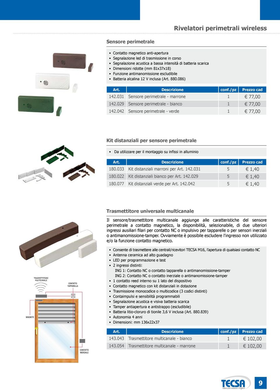 029 Sensore perimetrale - bianco 1 77,00 142.042 Sensore perimetrale - verde 1 77,00 Kit distanziali per sensore perimetrale Da utilizzare per il montaggio su infissi in alluminio 180.