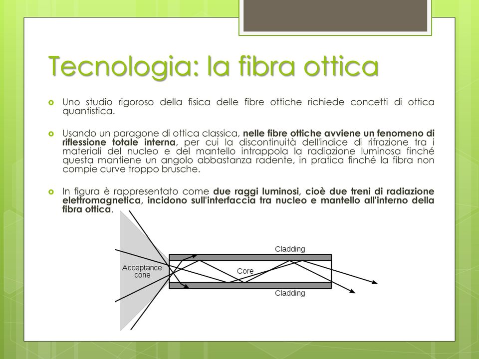 tra i materiali del nucleo e del mantello intrappola la radiazione luminosa finché questa mantiene un angolo abbastanza radente, in pratica finché la fibra non