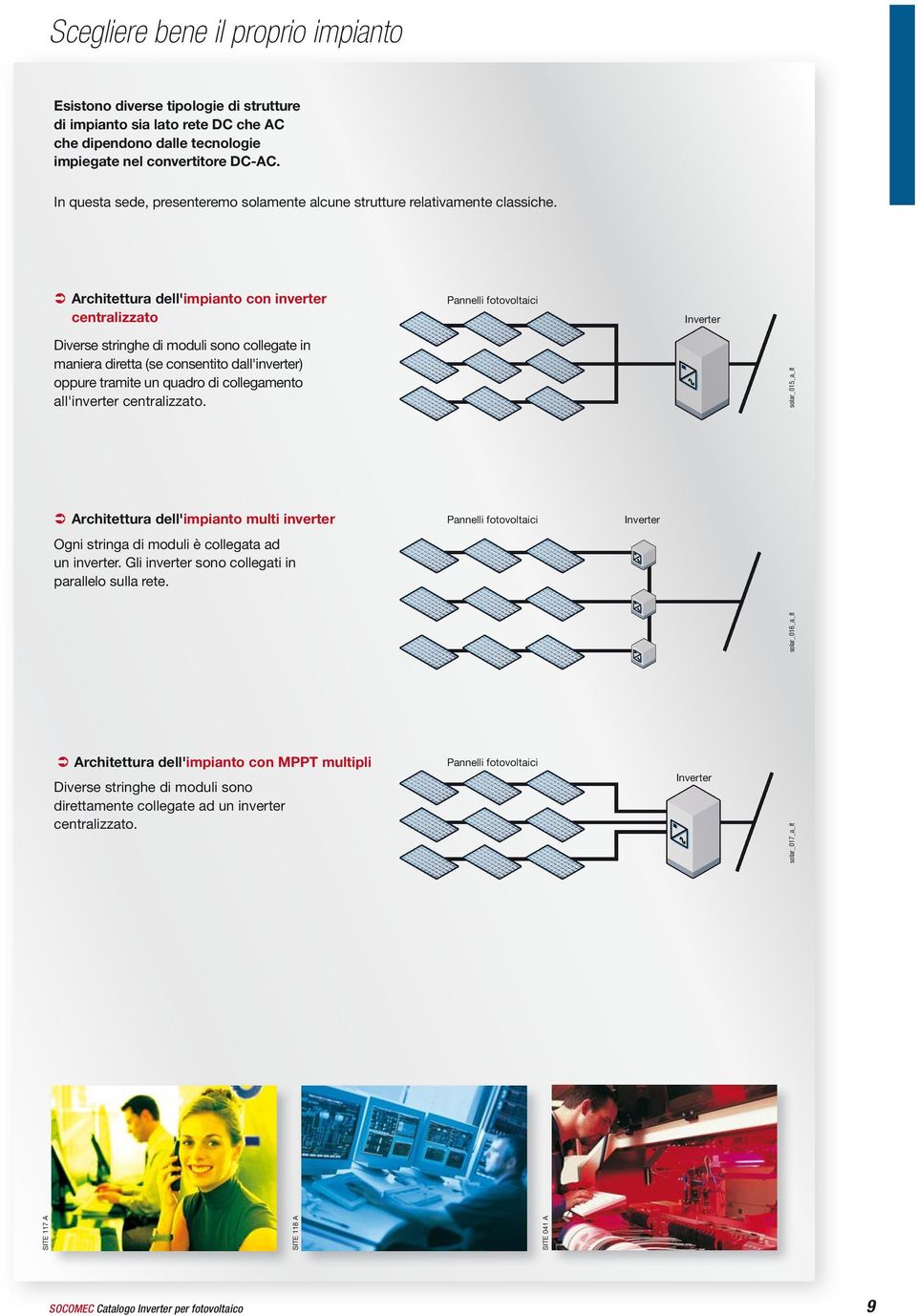 Architettura dell'impianto con inverter centralizzato Pannelli fotovoltaici Inverter Diverse stringhe di moduli sono collegate in maniera diretta (se consentito dall'inverter) oppure tramite un