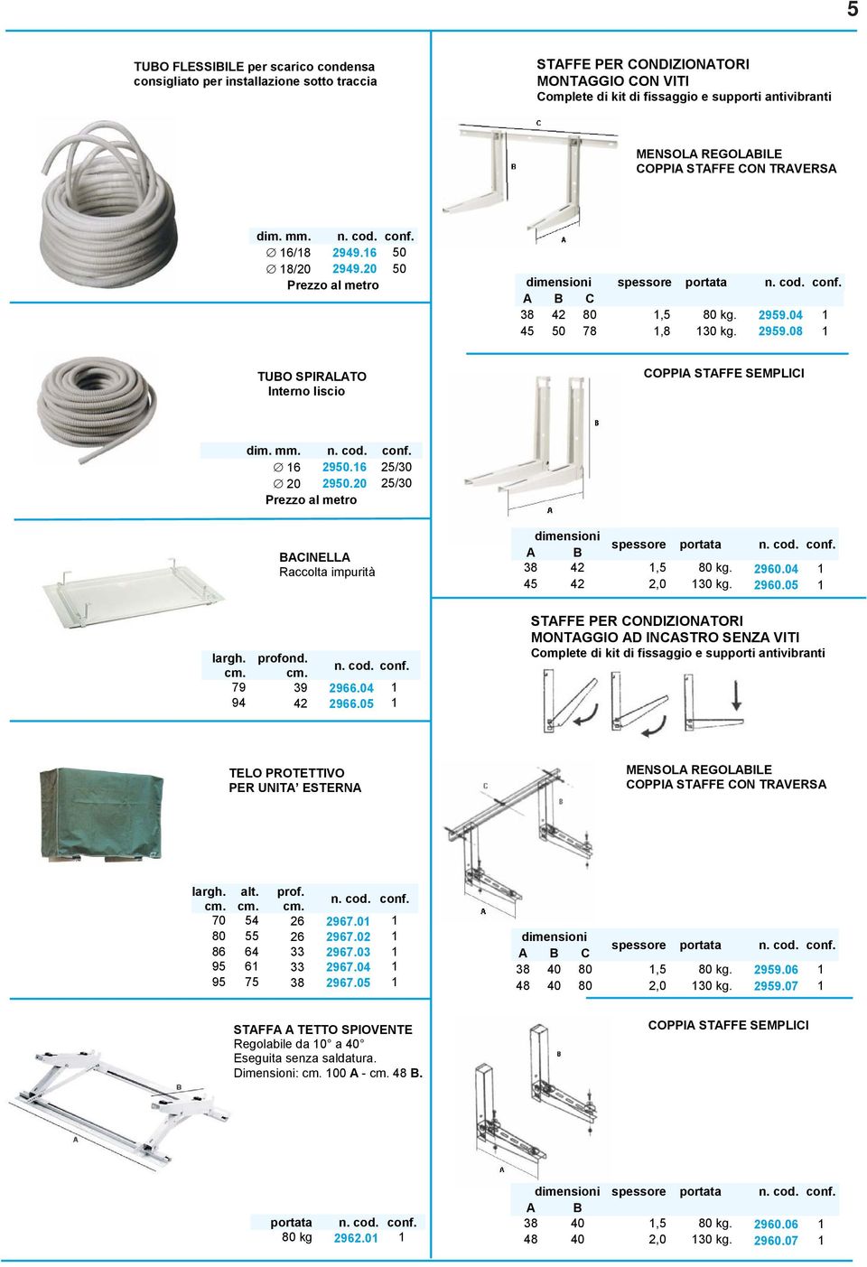 04 1 45 50 78 1,8 130 kg. 2959.08 1 TUBO SPIRALATO Interno liscio COPPIA STAFFE SEMPLICI dim. mm. 16 2950.16 25/30 20 2950.20 25/30 Prezzo al metro BACINELLA Raccolta impurità largh. profond. cm.