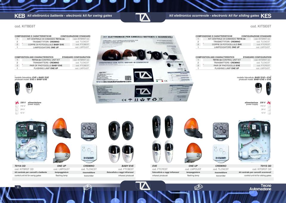 FTCBE5T LAMPEGGIATORE ONE UP COMPOSIZIONE E CARATTERISTICHE * CONFIGURAZIONE STANDARD KIT CENTRALE DI COMANDO T0S OD cod. KITSR5T OD TRASMETTITORI CREMINO COPPIE DI FOTOCELLULE EVE cod.