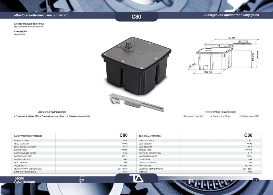 ALIMENTAZIONE PESO MAX ANTA DIMENSIONE MAX ANTA GIRI MOTORE ASSORBIMENTO MEDIO POTENZA MOTORE 30 V 00 Kg,5 m 400 rpm,4 A 80 W POWER SUPPLY LEAF WEIGHT LEAF LENGHT ENGINE RPM AVERAGE ABSORPTION