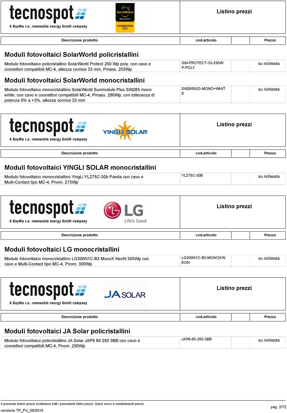 280Wp, con tolleranza di potenza 0% a +3%, altezza cornice 33 mm SW-PROTECT-33-250W P-POLY SW285N33-MONO+WHIT E Listino prezzi Moduli fotovoltaici YINGLI SOLAR monocristallini Modulo fotovoltaico