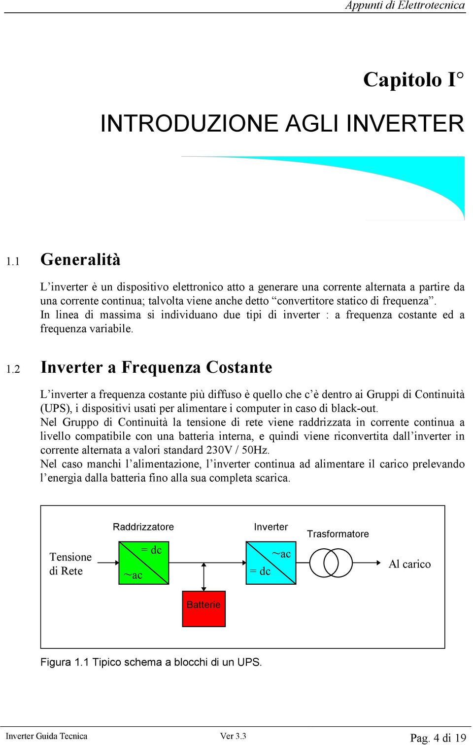 In linea di massima si individuano due tipi di inverter : a frequenza costante ed a frequenza variabile. 1.