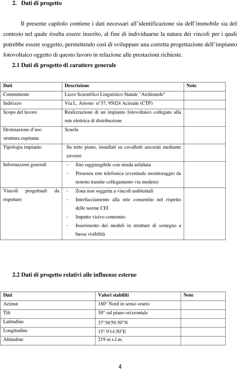 . Dati di progetto di carattere generale Dati Descrizione Note Committente Liceo Scientifico Linguistico Statale "Archimede" Indirizzo Via L.