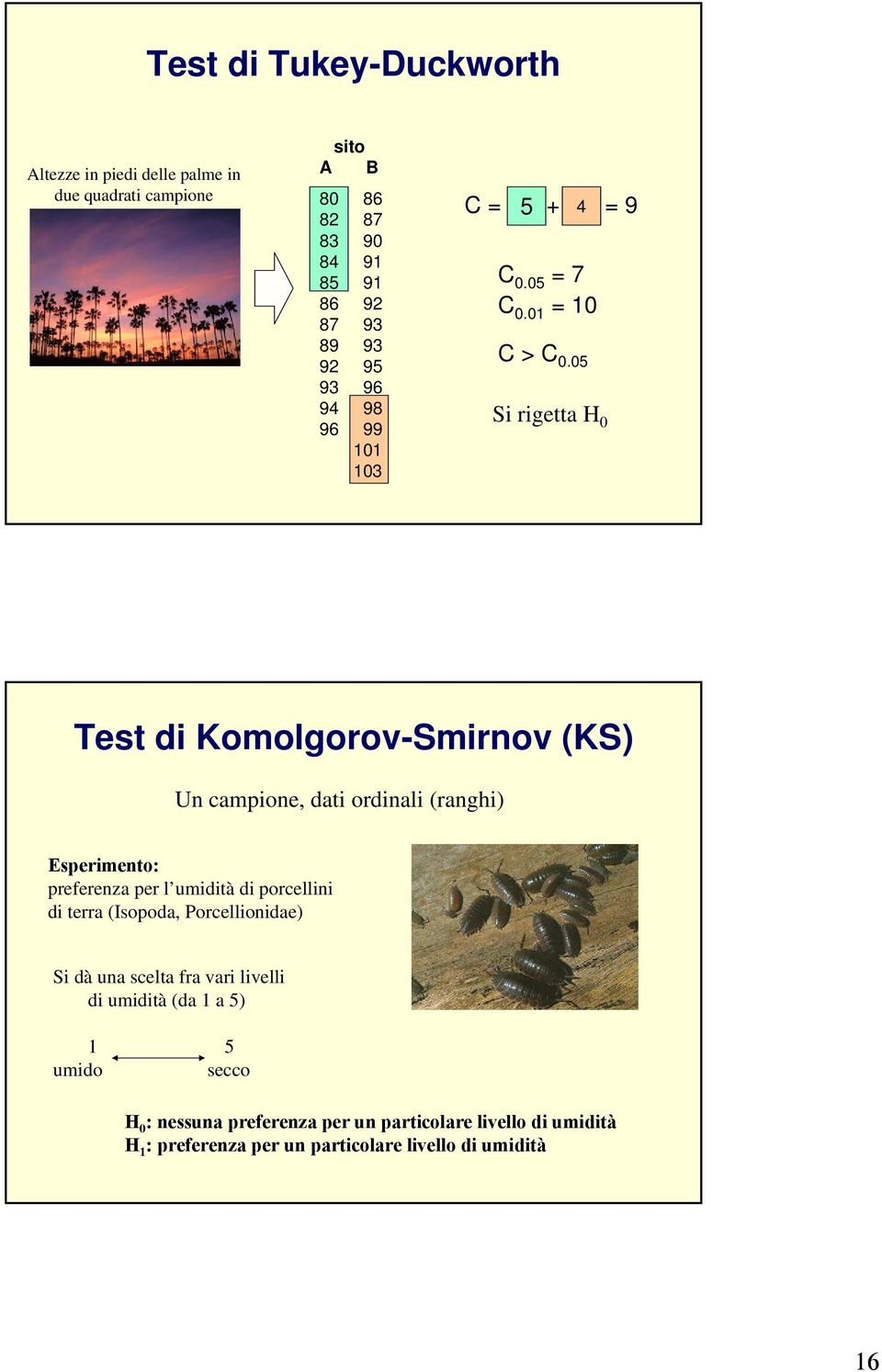 rigetta H Test di Komolgorov-Smirnov (KS) Un campione, dati ordinali (ranghi) Esperimento: preferenza per l umidità di