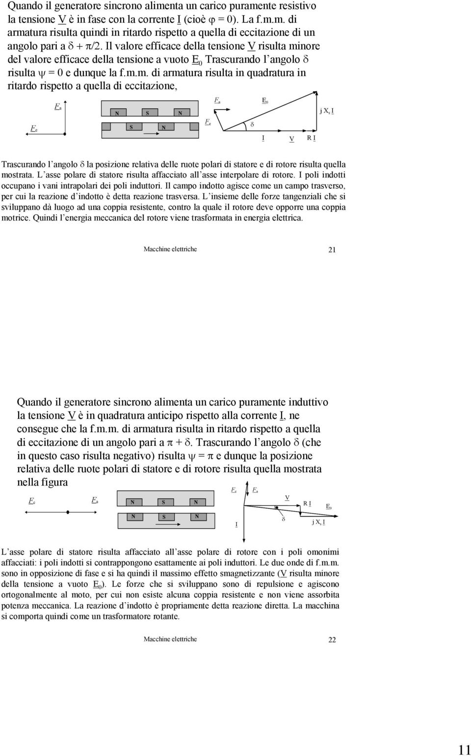 nore del valore efficace della tensione a vuoto E 0 Trascurando l angolo δ risulta ψ = 0 e dunque la f.m.