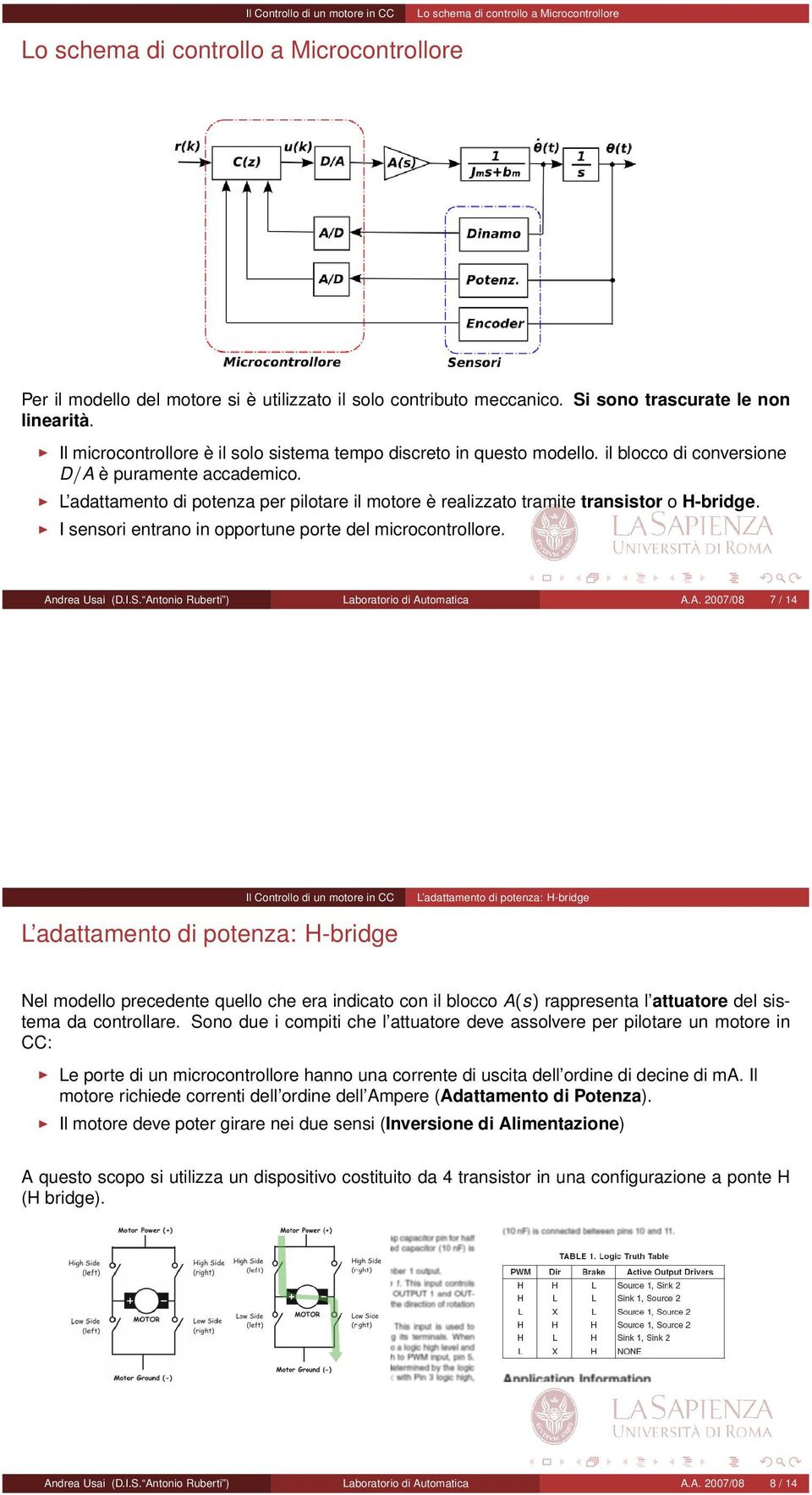 L adattamento di potenza per pilotare il motore è realizzato tramite transistor o H-bridge. I sensori entrano in opportune porte del microcontrollore. Andrea Usai (D.I.S.