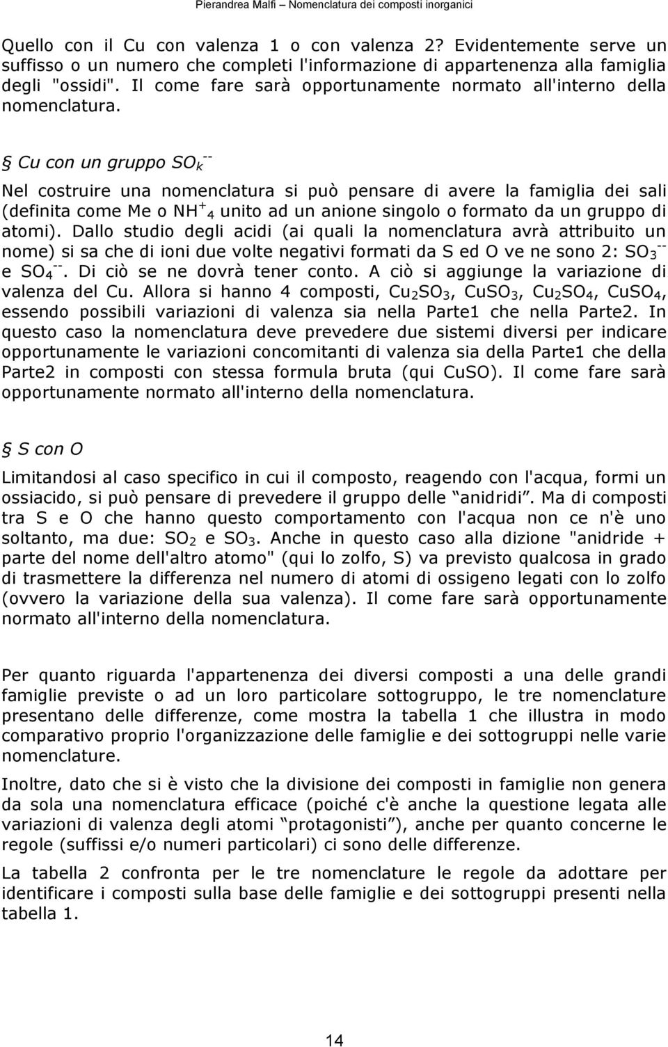 Cu con un gruppo SO k -- Nel costruire una nomenclatura si può pensare di avere la famiglia dei sali (definita come Me o NH + 4 unito ad un anione singolo o formato da un gruppo di atomi).