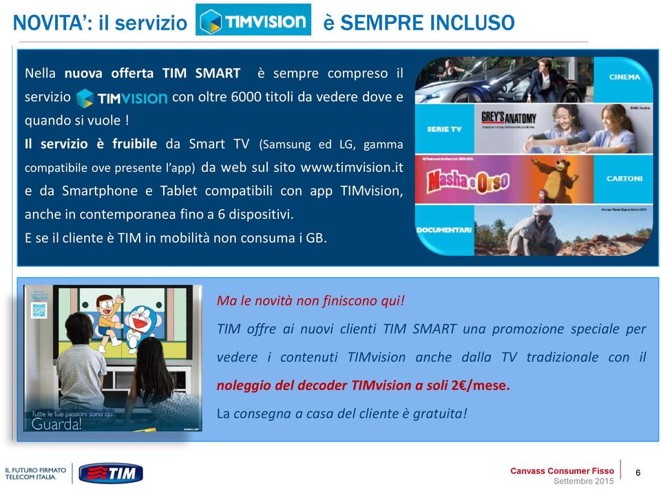 it e da Smartphone e Tablet compatibili con app TIMvision, anche in contemporanea fino a 6 dispositivi. E se il cliente è TIM in mobilità non consuma i GB.