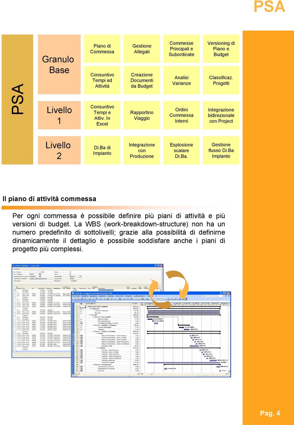 Progetti Integrazione bidirezionale con Project Livello 2 Di.Ba di Impianto Integrazione con Produzione Esplosione scalare Di.Ba. Gestione flusso Di.