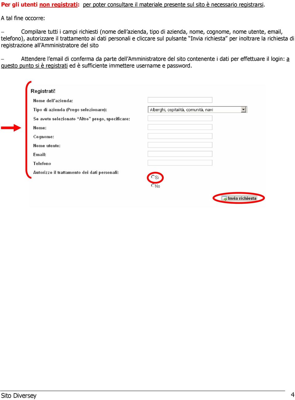 trattamento ai dati personali e cliccare sul pulsante Invia richiesta per inoltrare la richiesta di registrazione all Amministratore del sito Attendere