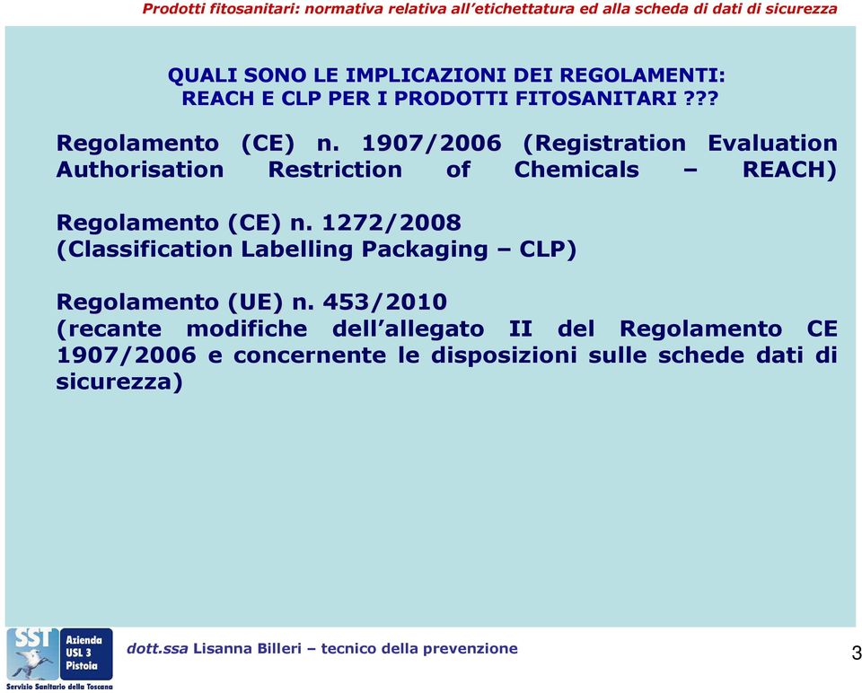 1272/2008 (Classification Labelling Packaging CLP) Regolamento (UE) n. 453/2010 Regolamento (UE) n.