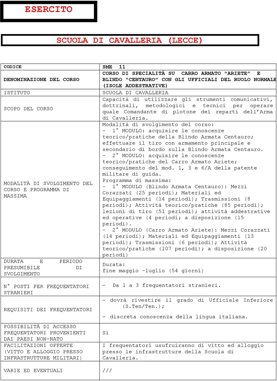 Modalità di svolgimento del corso: - 1 MODULO: acquisire le conoscenze teorico/pratiche della Blindo Armata Centauro; effettuare il tiro con armamento principale e secondario di bordo sulla Blindo