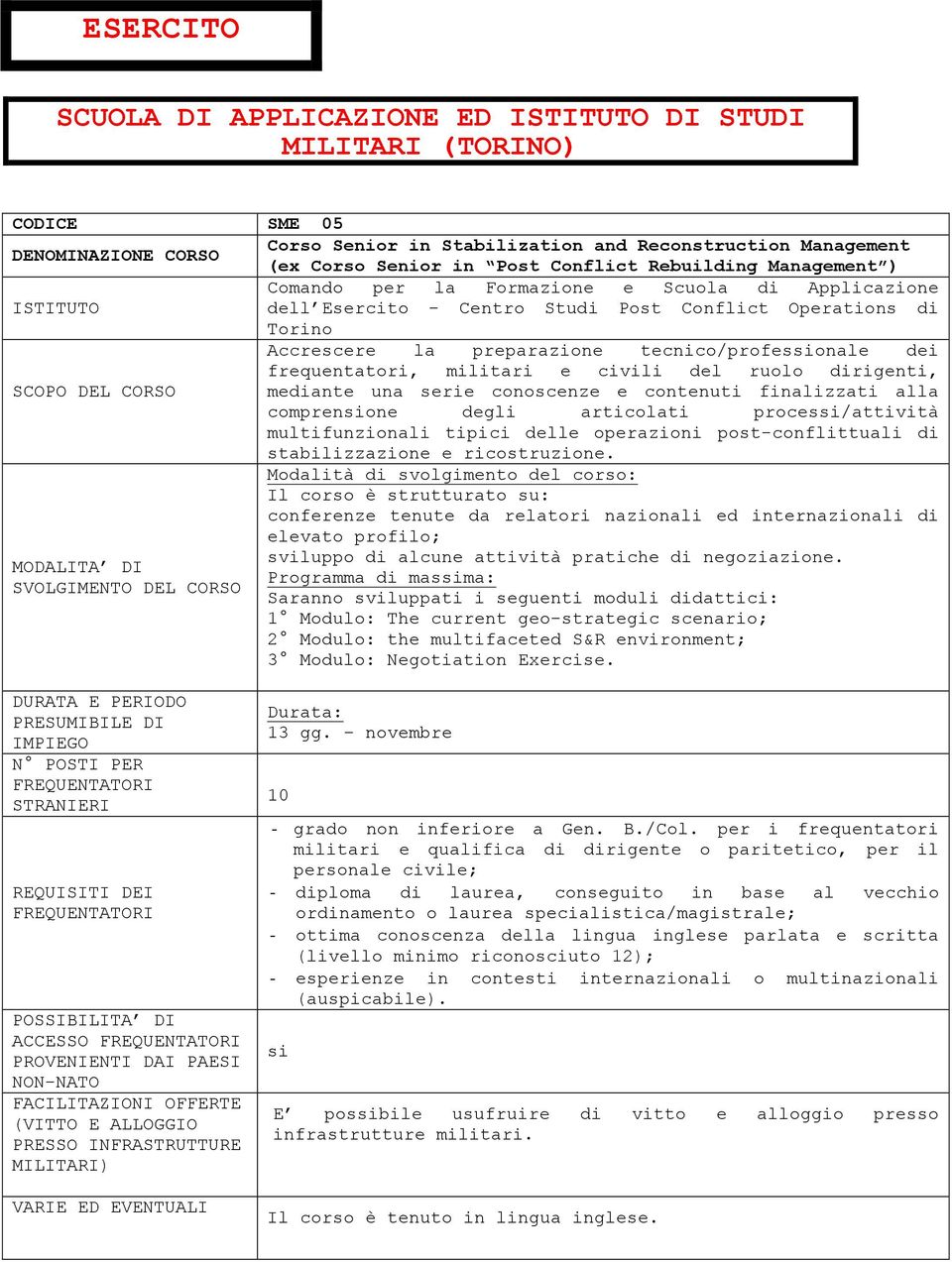 dirigenti, mediante una serie conoscenze e contenuti finalizzati alla comprensione degli articolati processi/attività multifunzionali tipici delle operazioni post-conflittuali di stabilizzazione e