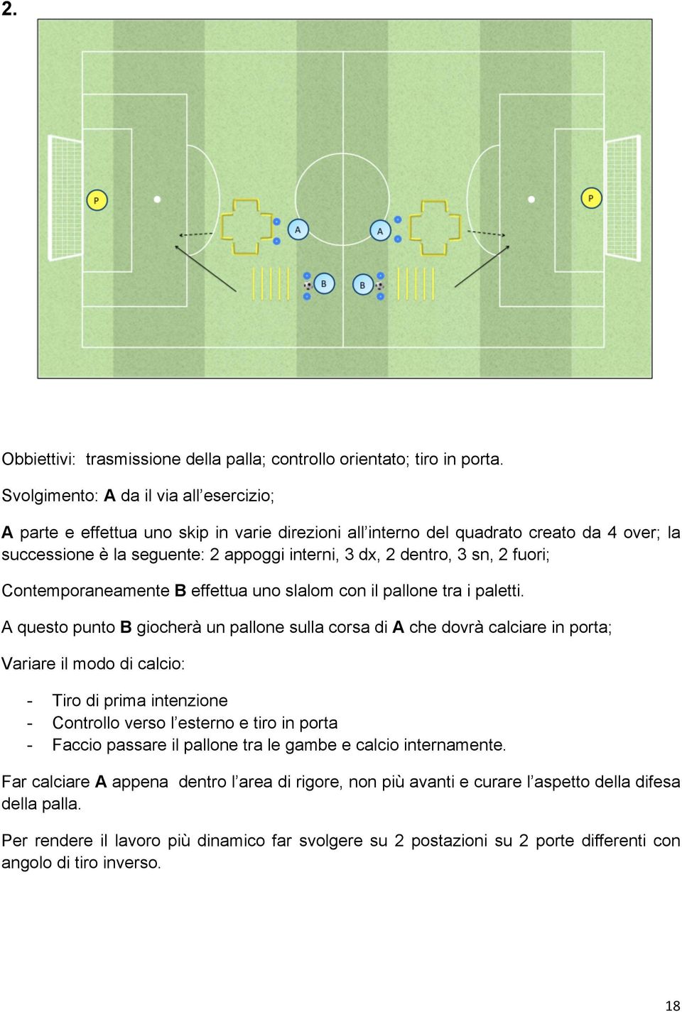 sn, 2 fuori; Contemporaneamente B effettua uno slalom con il pallone tra i paletti.