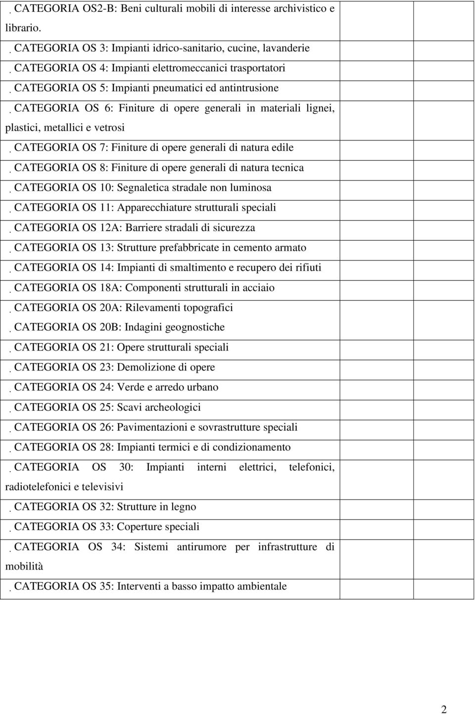 opere generali in materiali lignei, plastici, metallici e vetrosi CATEGORIA OS 7: Finiture di opere generali di natura edile CATEGORIA OS 8: Finiture di opere generali di natura tecnica CATEGORIA OS