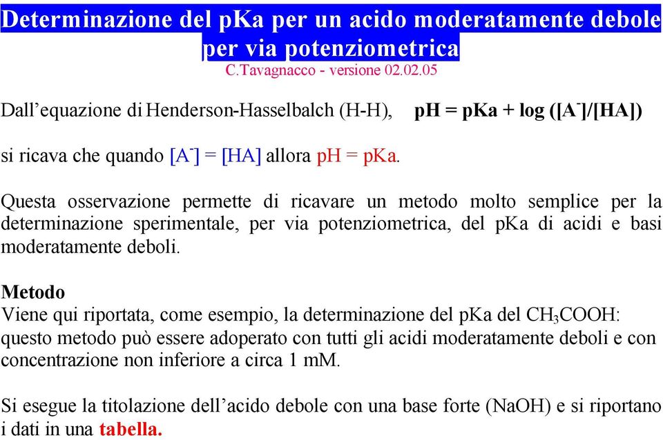 Questa osservazione permette di ricavare un metodo molto semplice per la determinazione sperimentale, per via potenziometrica, del pka di acidi e basi moderatamente deboli.