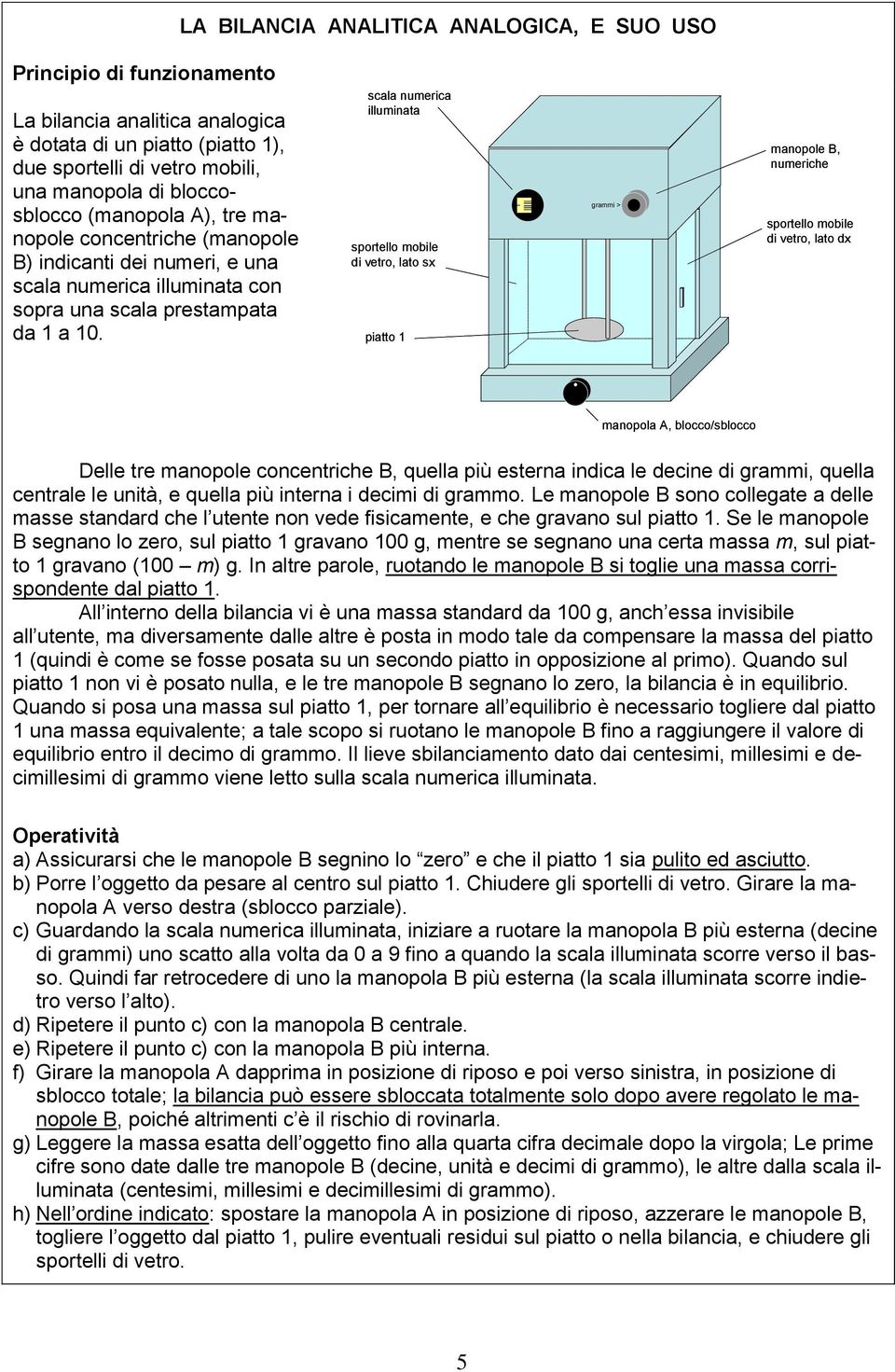 scala numerica illuminata sportello mobile di vetro, lato sx piatto 1 grammi > manopole B, numeriche sportello mobile di vetro, lato dx manopola A, blocco/sblocco Delle tre manopole concentriche B,