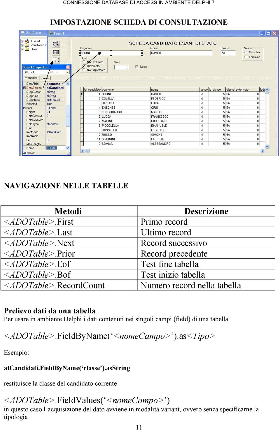 Per usare in ambiente Delphi i dati contenuti nei singoli campi (field) di una tabella <ADOTable>.FieldByName( <nomecampo> ).as<tipo> Esempio: atcandidati.fieldbyname( classe ).