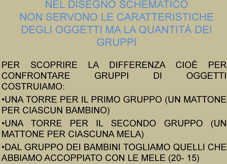 PRIMO GRUPPO (UN MATTONE PER CIASCUN BAMBINO) UNA TORRE PER IL SECONDO GRUPPO (UN MATTONE PER