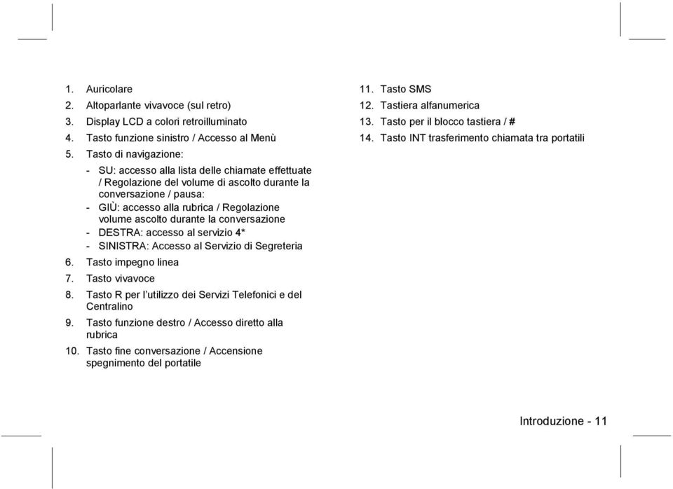 durante la conversazione - DESTRA: accesso al servizio 4* - SINISTRA: Accesso al Servizio di Segreteria 6. Tasto impegno linea 7. Tasto vivavoce 8.