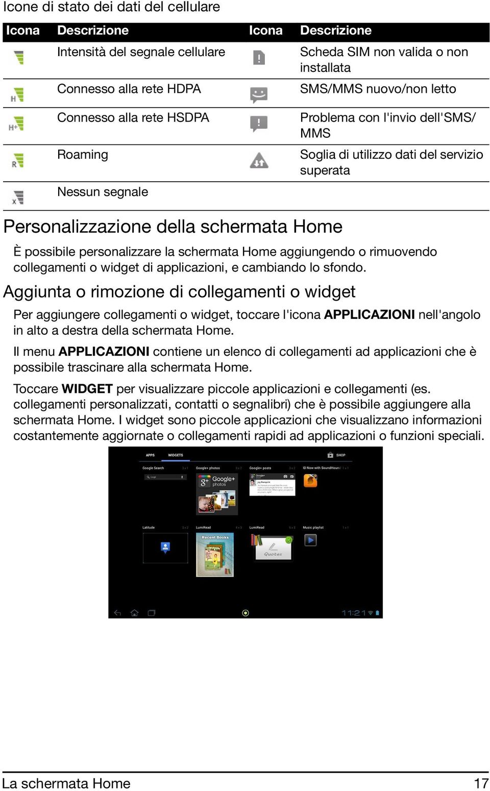 schermata Home aggiungendo o rimuovendo collegamenti o widget di applicazioni, e cambiando lo sfondo.