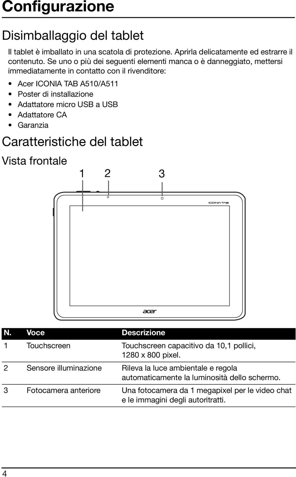micro USB a USB Adattatore CA Garanzia Caratteristiche del tablet Vista frontale 1 2 3 N.