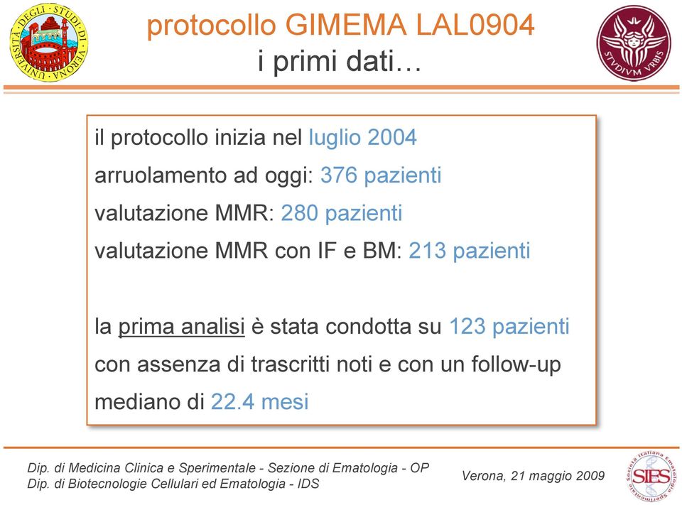 valutazione MMR con IF e BM: 213 pazienti la prima analisi è stata condotta