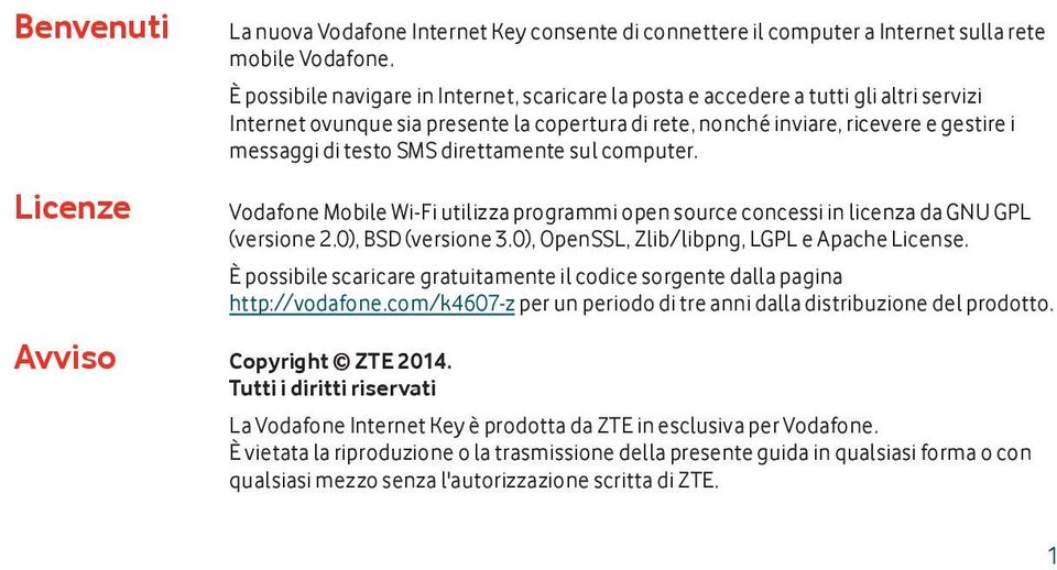 SMS direttamente sul computer. Vodafone Mobile Wi-Fi utilizza programmi open source concessi in licenza da GNU GPL (versione 2.0), BSD (versione 3.0), OpenSSL, Zlib/libpng, LGPL e Apache License.