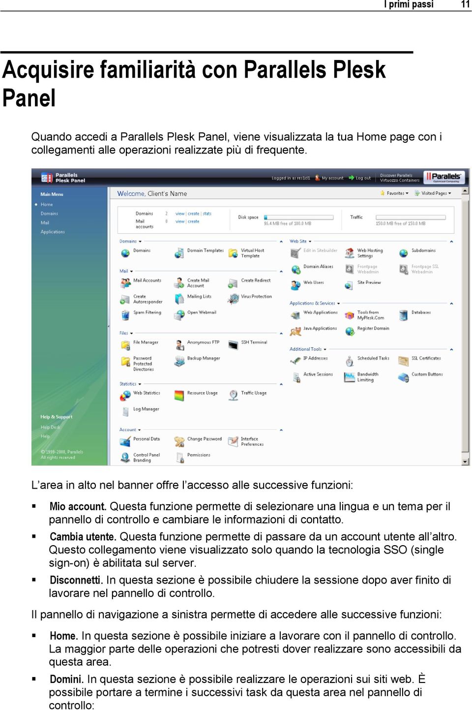 Questa funzione permette di selezionare una lingua e un tema per il pannello di controllo e cambiare le informazioni di contatto. Cambia utente.