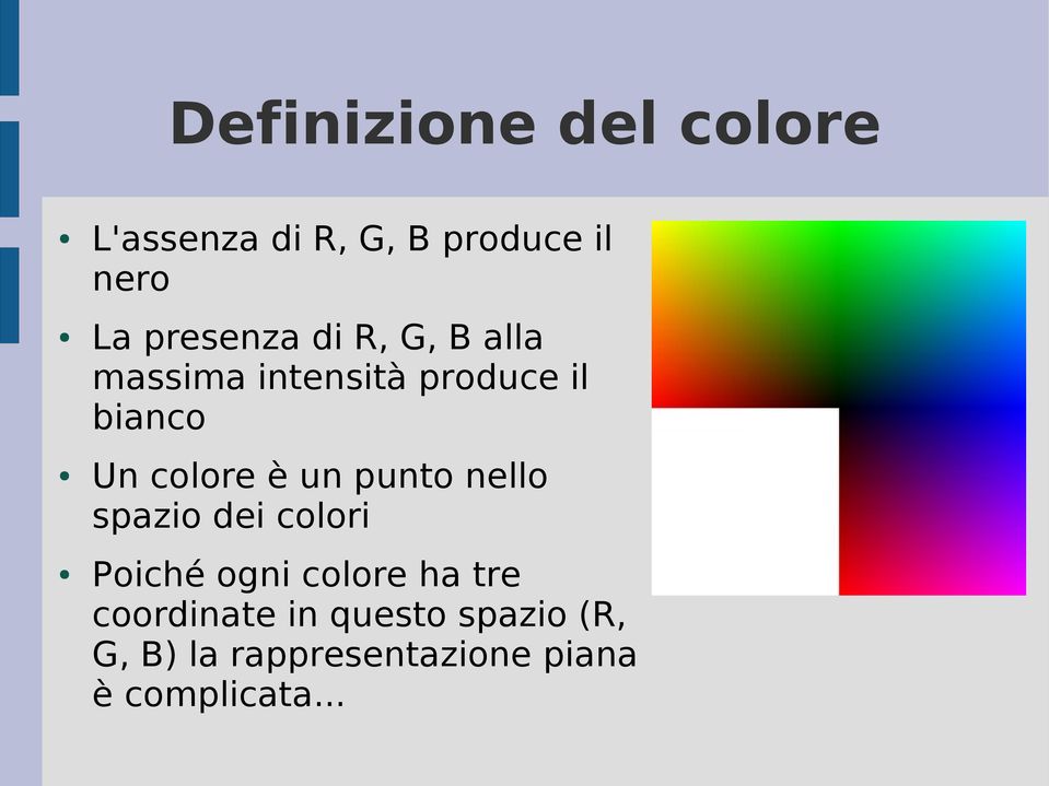 colore è un punto nello spazio dei colori Poiché ogni colore ha tre