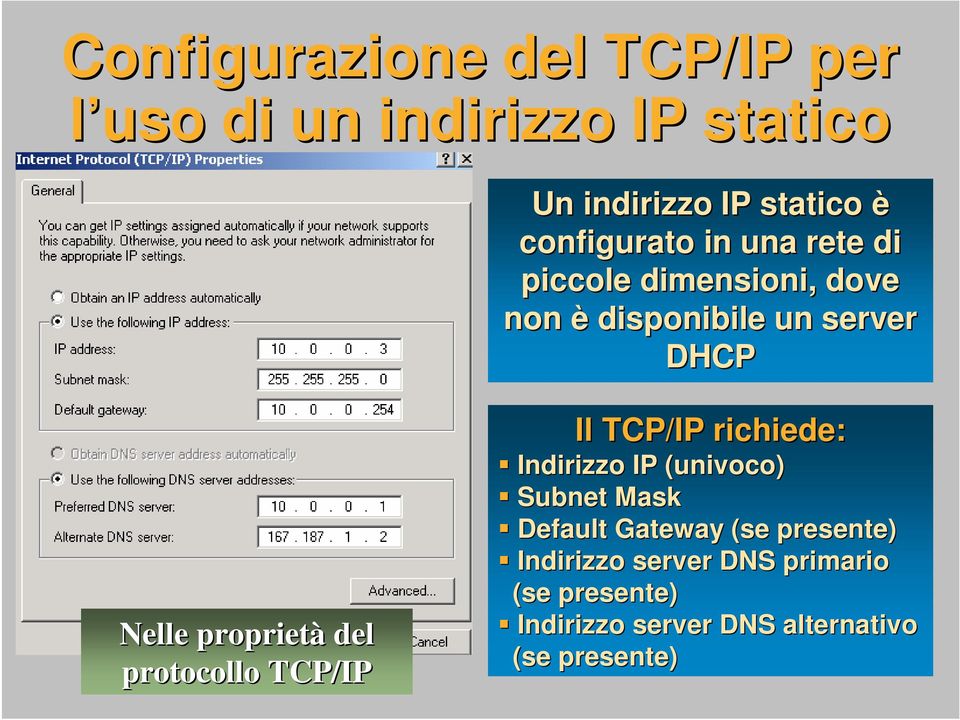 proprietà del protocollo TCP/IP Il TCP/IP richiede: Indirizzo IP (univoco) Subnet Mask Default