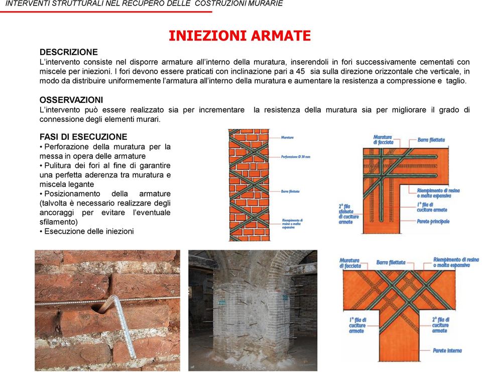 resistenza a compressione e taglio. OSSERVAZIONI L intervento può essere realizzato sia per incrementare connessione degli elementi murari.