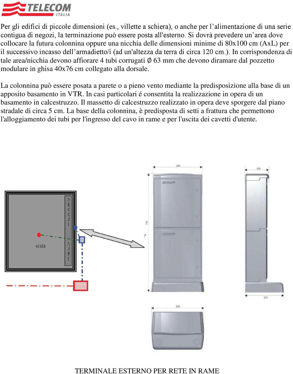 circa 120 cm.). In corrispondenza di tale area/nicchia devono affiorare 4 tubi corrugati 63 mm che devono diramare dal pozzetto modulare in ghisa 40x76 cm collegato alla dorsale.