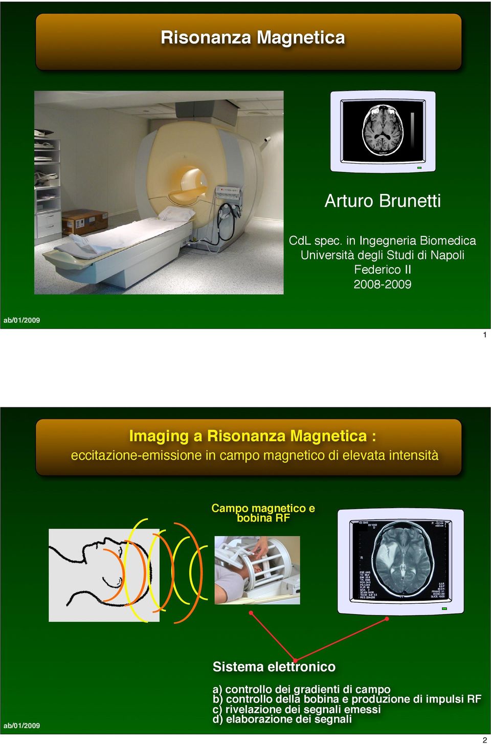 Magnetica : eccitazione-emissione in campo magnetico di elevata intensità Campo magnetico e bobina RF