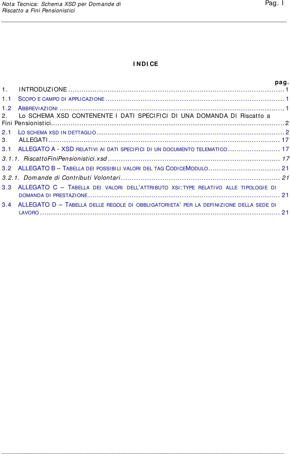 1 ALLEGATO A - XSD RELATIVI AI DATI SPECIFICI DI UN DOCUMENTO TELEMATICO... 17 3.1.1. RiscattoFiniPensionistici.xsd... 17 3.2 ALLEGATO B TABELLA DEI POSSIBILI VALORI DEL TAG CODICEMODULO.