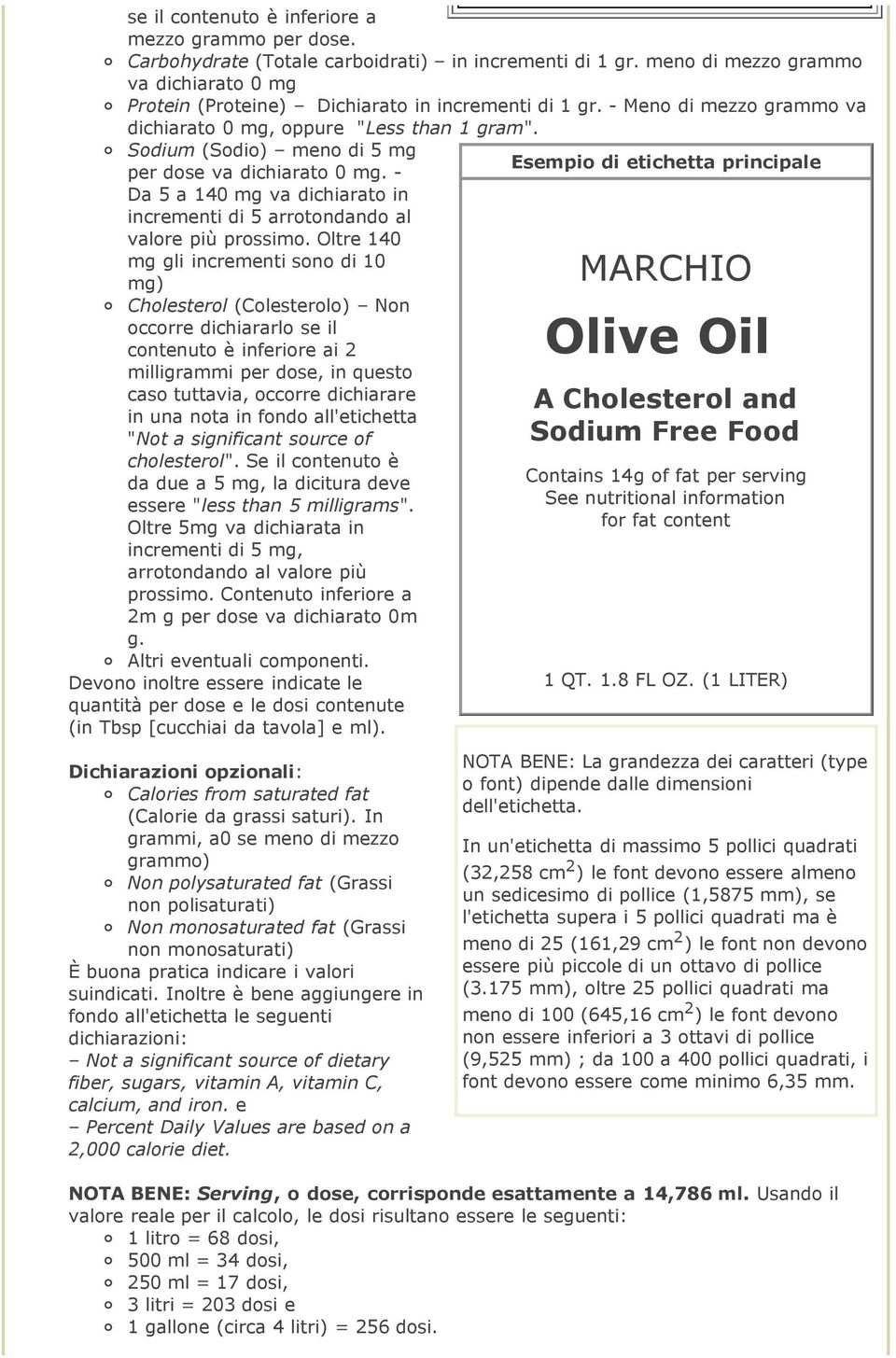 Sodium (Sodio) meno di 5 mg Esempio di etichetta principale per dose va dichiarato 0 mg. - Da 5 a 140 mg va dichiarato in incrementi di 5 arrotondando al valore più prossimo.