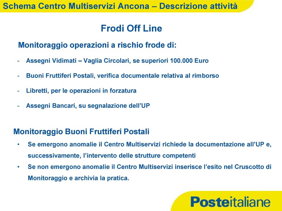 000 Euro - Buoni Fruttiferi Postali, verifica documentale relativa al rimborso - Libretti, per le operazioni in forzatura - Assegni Bancari, su segnalazione