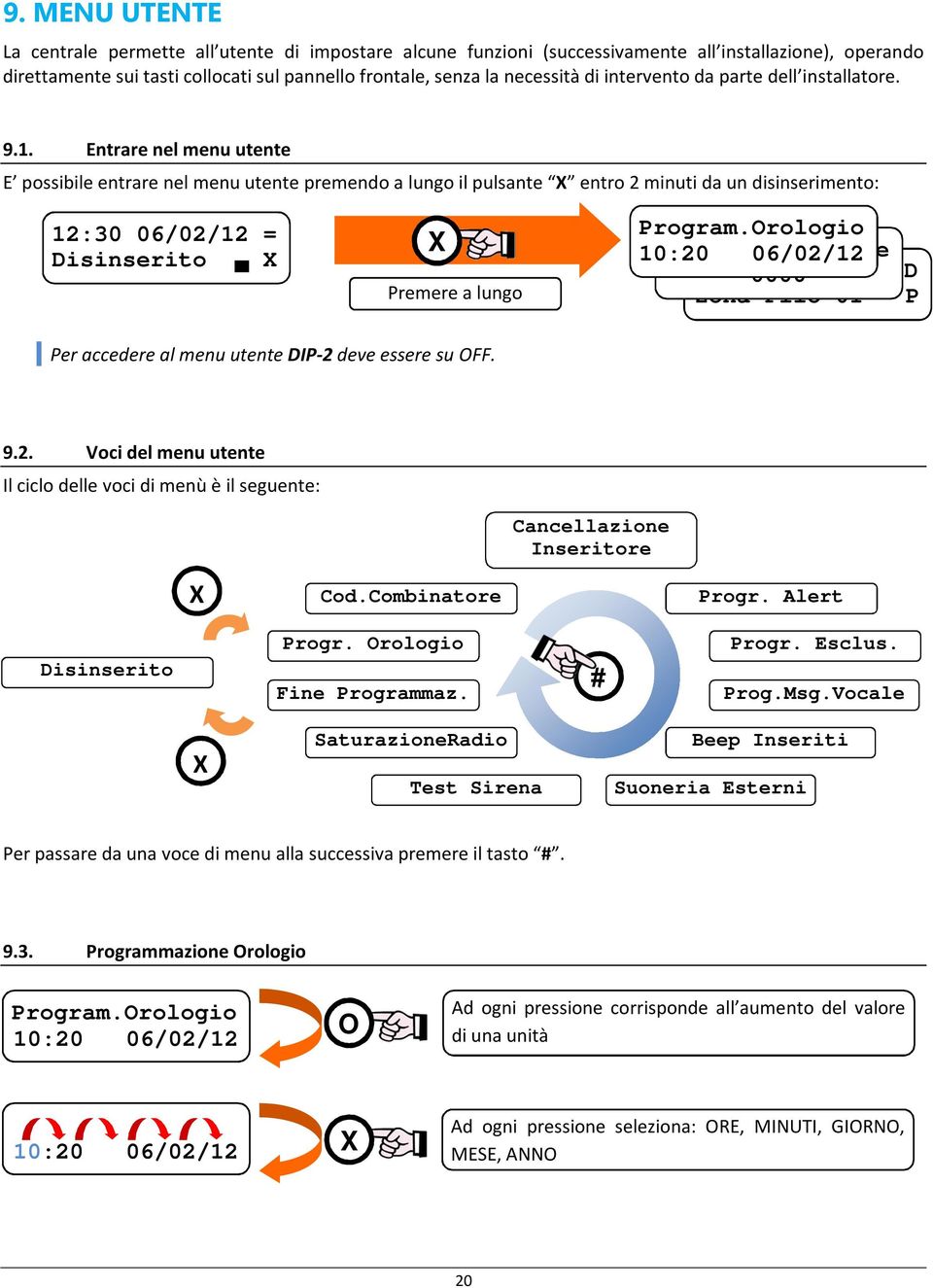 Entrare nel menu utente E possibile entrare nel menu utente premendo a lungo il pulsante X entro 2 minuti da un disinserimento: Disinserito X X Premere a lungo Program.Orologio 10:20 Cod.