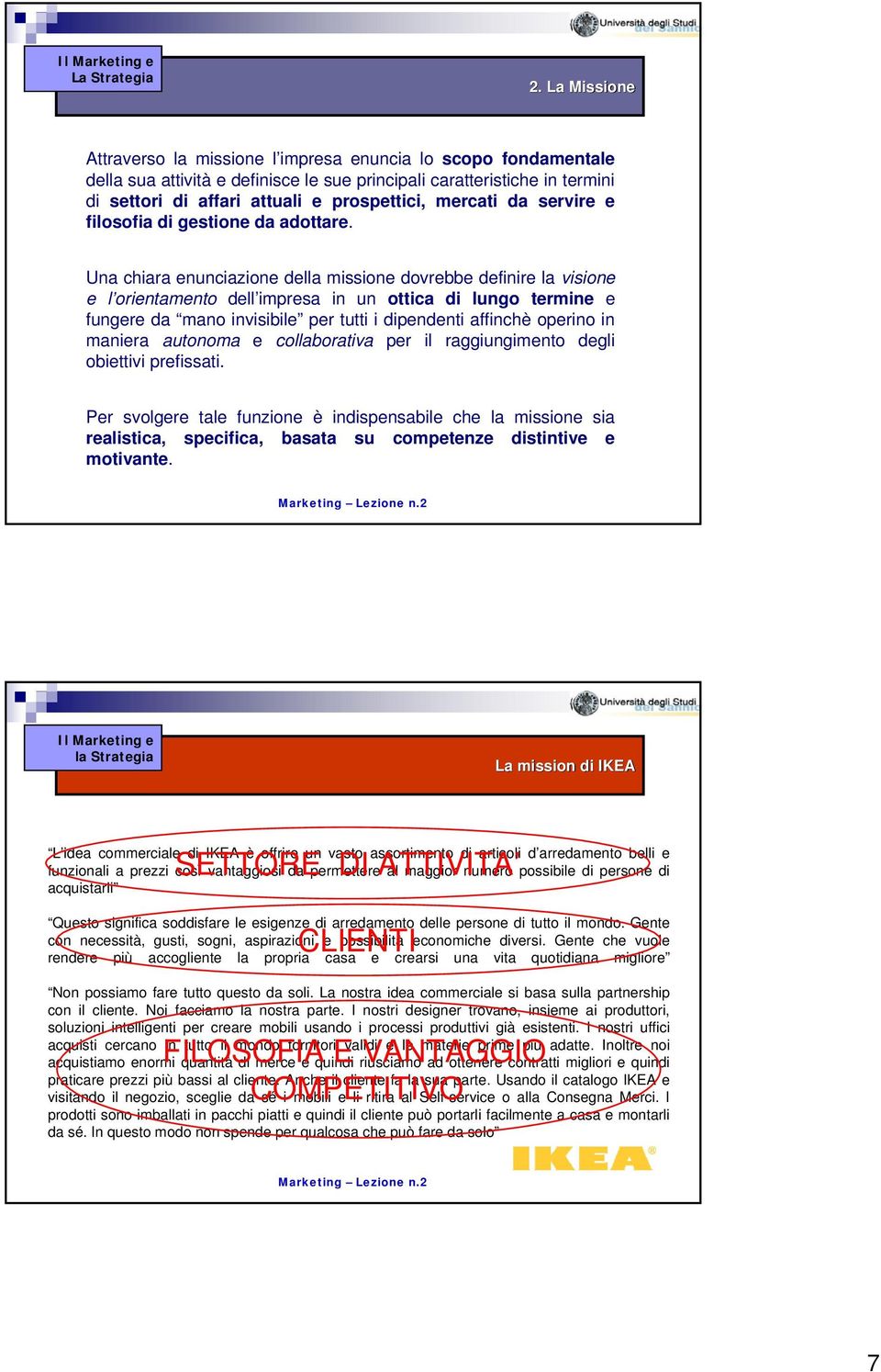 Una chiara enunciazione della missione dovrebbe definire la visione e l orientamento dell impresa in un ottica di lungo termine e fungere da mano invisibile per tutti i dipendenti affinchè operino in