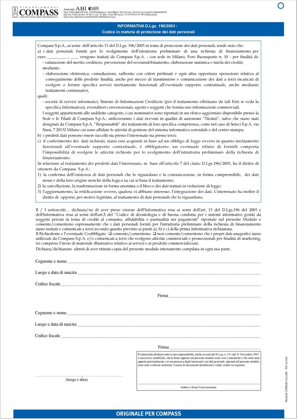 196/2003 : Codice in materia di protezione dei dati personali Compass S.p.A., ai sensi dell articolo 13 del D.Lgs.