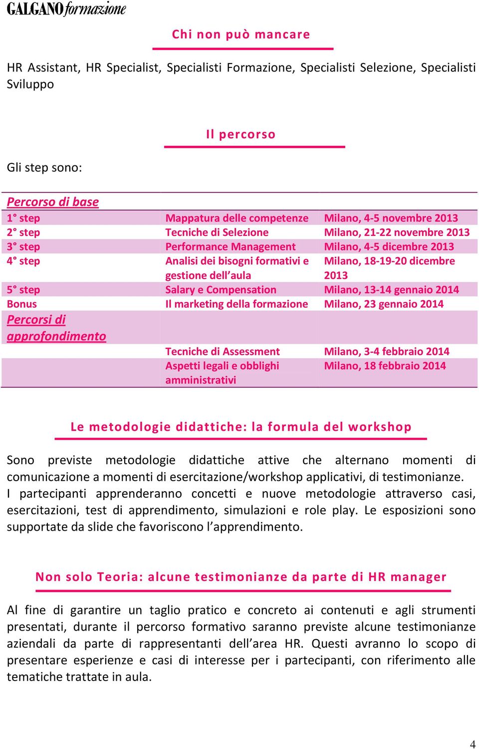 dicembre gestione dell aula 2013 5 step Salary e Compensation Milano, 13-14 gennaio 2014 Bonus Il marketing della formazione Milano, 23 gennaio 2014 Percorsi di approfondimento Tecniche di Assessment